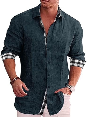 Miniatura 2 de Camisa de vestir formal ajustada para hombre, camisas casuales de negocios, manga larga, camisetas gruesas con botones, blusa a cuadros