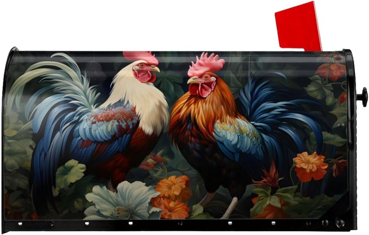Mailbox Cover Rooster Art Painting Floral Mailbox Cover Magnetic Standard Size Personalized Mail Box Cover Replacement for Home Outside Garden Yard Decor, 25.5x21 in
