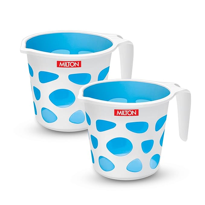 MILTON Duplex Plastic Mug Set of 2, 1 L Each | Lightweight & Unbreakable Bath Mug with Easy Grip Handle | Classy Design I Ideal for Bathing, Kitchen & Utility Use, Blue