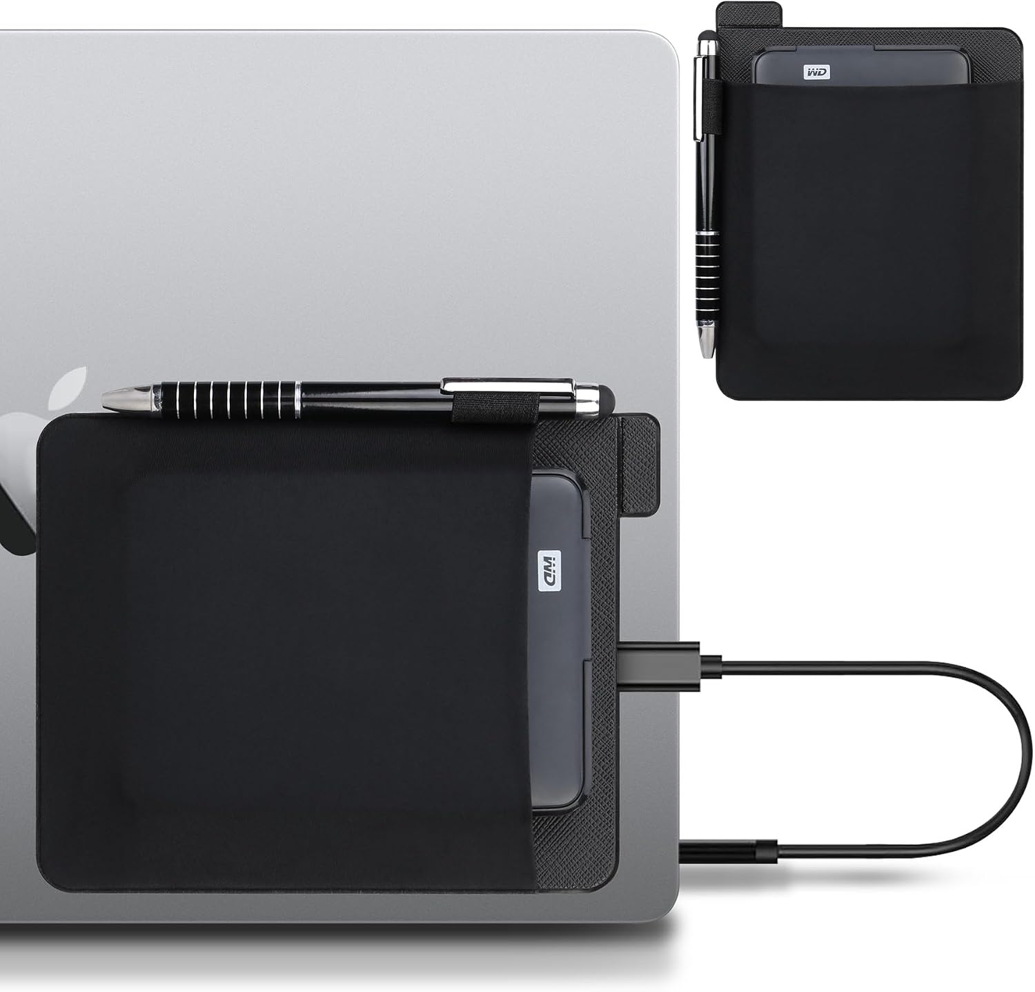 Lacdo Portable External Hard Drive Sleeve for Laptop, Stick on Pouch Holder with Reusable Adhesive, Fit 2.5" Seagate, WD, Toshiba, LaCie External HDD, SSD, Wireless Mouse, Cables, with Pen Loop, Black