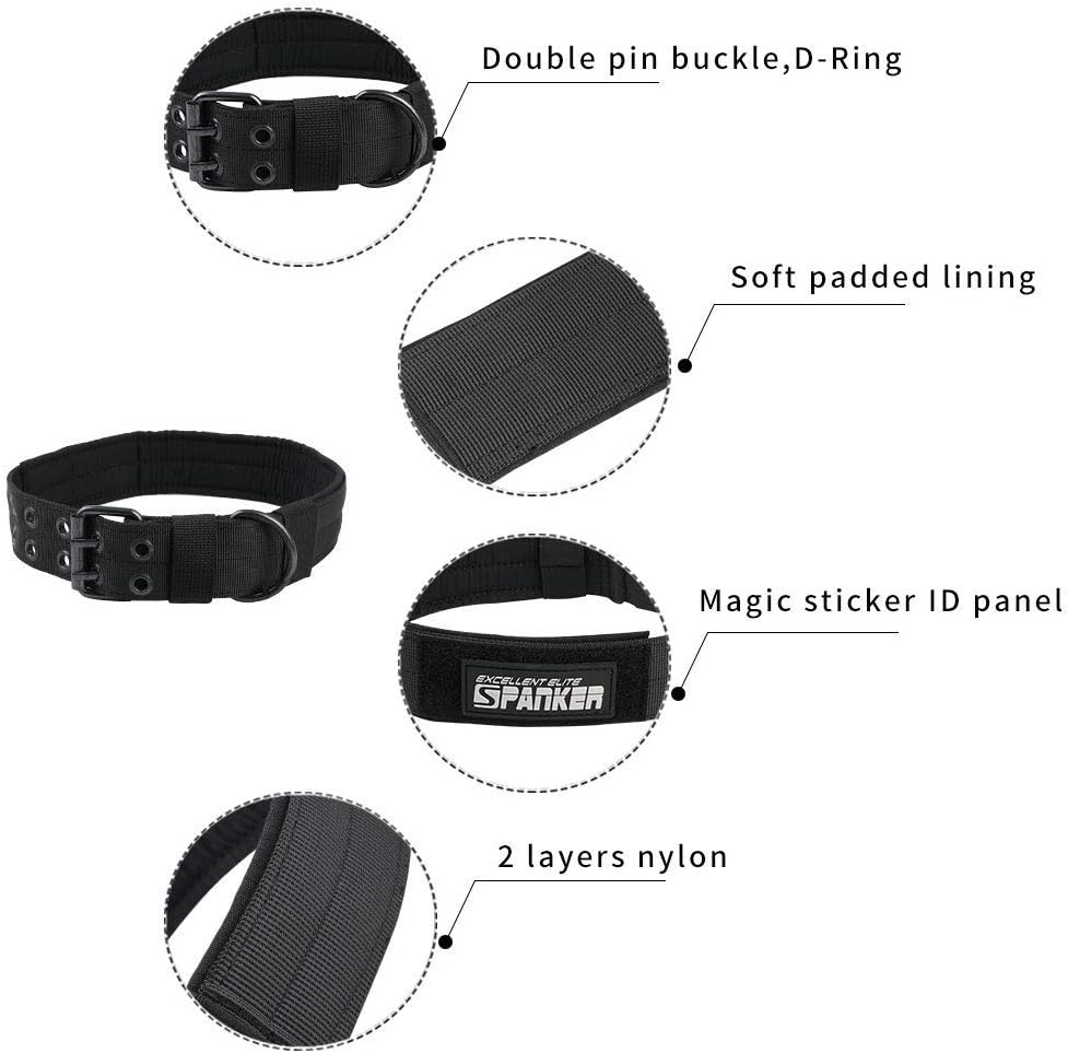 Large Military Dog Collar Adjustable Tactical Bungee Dog Leash Space Aluminum Hook Clips