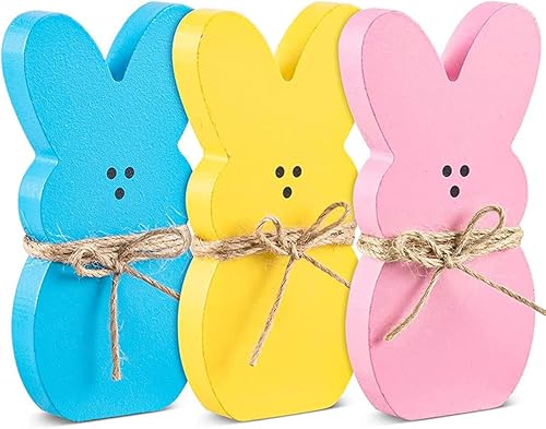 Paquete de 3 letreros de madera con forma de conejito de Pascua, decoración de granja con forma de conejito de primavera, decoración de Pascua para