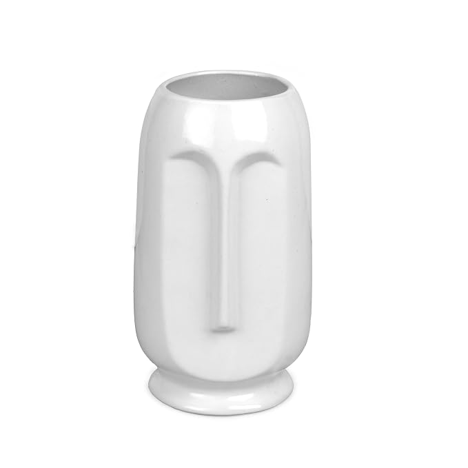 Modern White Ceramic Flower Vase for Home Decor Glossy Finish Tall Table Vase for Living Room, Office, Shelf & Gifting 8 Inch