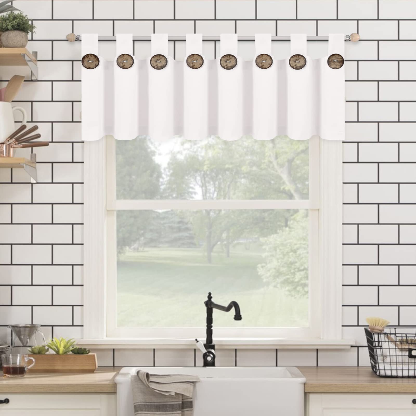 White Kitchen Valance Curtains Cotton Blend Farmhouse Valances Tab Top Boho Rustic Button Window Valances Light Filtering Small Window Curtain for Cafe Bathroom Bedroom Drapes 52''W x 18''L, 1 Panel