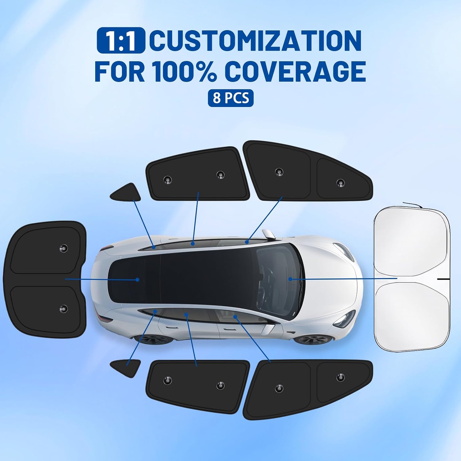 8pcs Car Window Shades for Tesla Model Y 2025 2026 Upgrade with Suction Cups [Suction No-Fall] | Full Coverage Window Covers Sunshades for Camping | Privacy Window Shade for Front, Rear, Side Windows