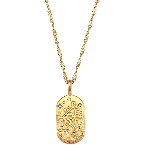 SPARKLAURA Gold Zodiac Sign Tarot Card Dog Tag Charm Necklace 18K Gold Plated Retro 12 Constellation Pendant Necklaces Trendy Astrology Horoscope Unisex Personalized Jewelry Birthday Gift