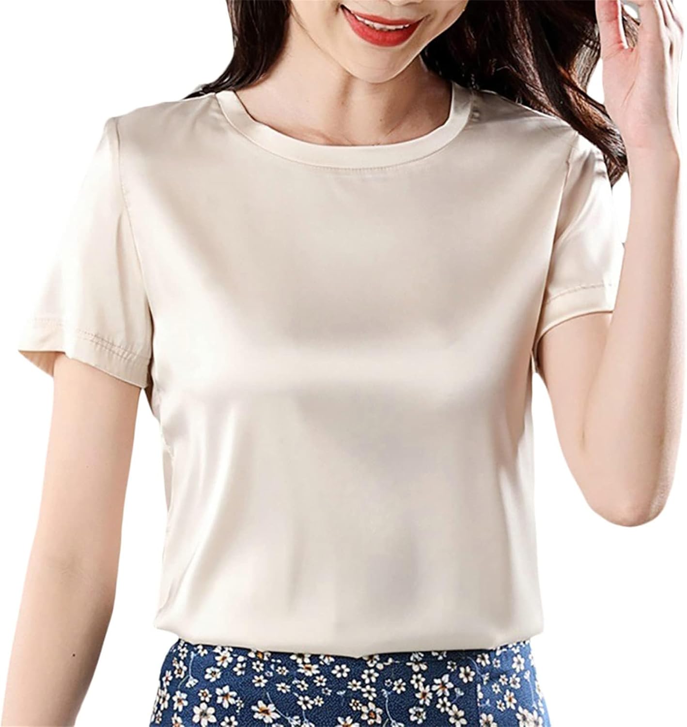 Women's Casual Short Sleeve Crew Neck Silk Satin Blouse Top - Image 2