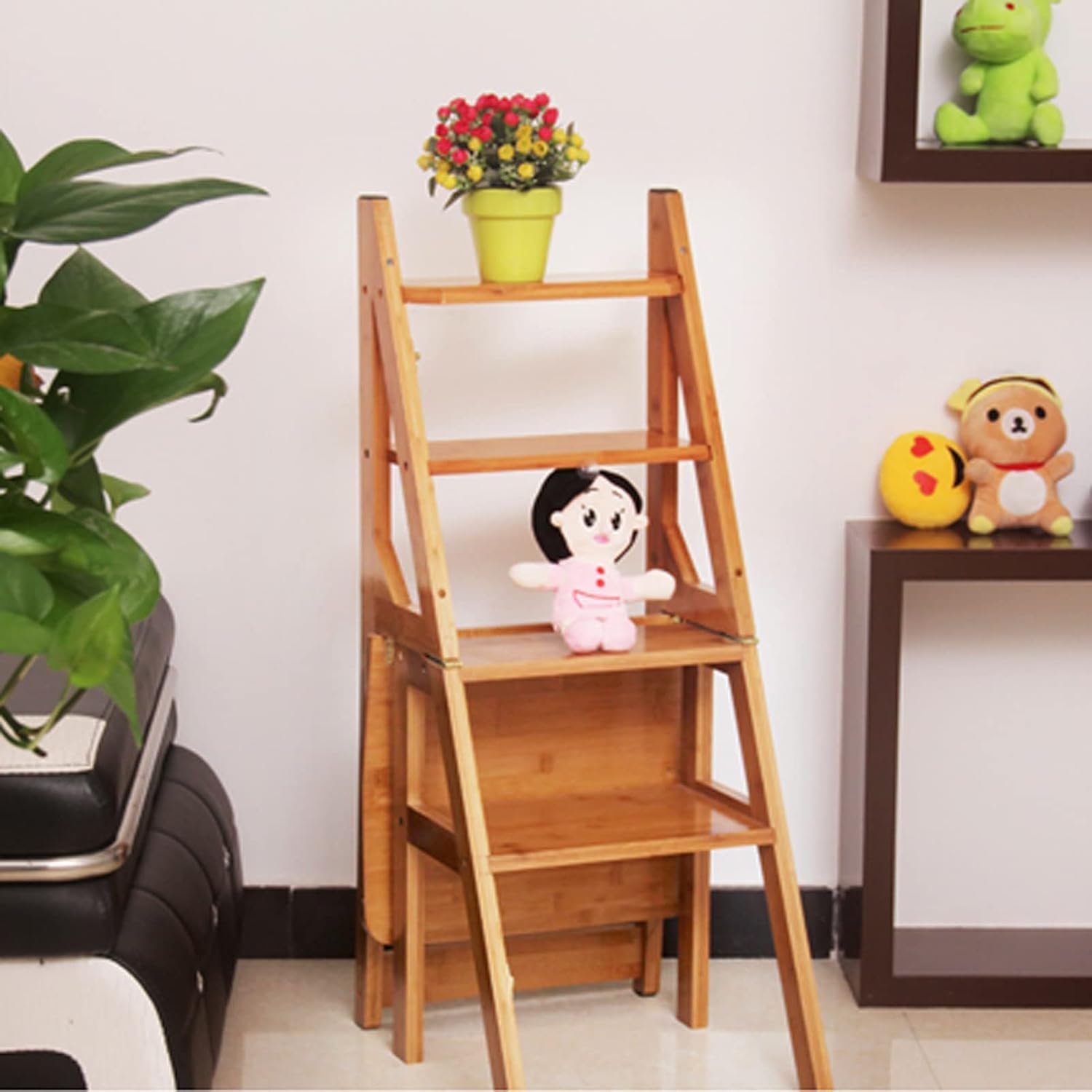 Wooden Ladder Chair Foldable 4-Step Stools, Multifunction Library Steps Bookshelf Display Shelves Wooden Foot Ladder Stool Flower Shelf