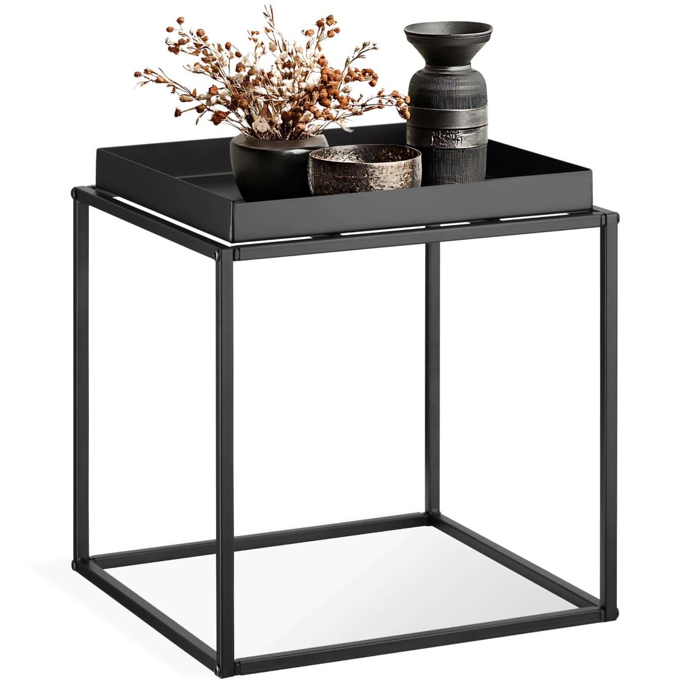 tectake® Metall Beistelltisch, Couchtisch, Nachttisch, Beistelltisch Couch quadratisch, stapelbar, Blumenständer, Zimmer Deko, Pflanzenständer, Deko Wohnzimmer Möbel, 40 x 40 x 44 cm - schwarz