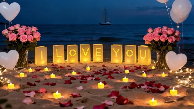 Image of Valentines Day Decorations, Special Night Romantic Decorations - I Love You Light Up Letters Luminary Bags with Bright Flameless Tea Candles and Fake Rose Petals, Happy Anniversary