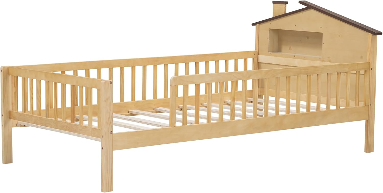 Twin Size LED Bed with Rails, Wood Platform Beds with House-Shaped Storage Headboard, Modern Kids Bed Frame for Boys Girls, Natural