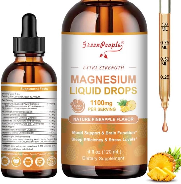 GREENPEOPLE Magnesium Glycinate Liquid Drop - 17-in-1 4Fl. Oz Triple Magnesium Complex Supplement with Glycinate 400mg & Citrate 500mg Taurate/L-Theanine for Calm Mood/Muscle/Sleep,Pineapple Flavor