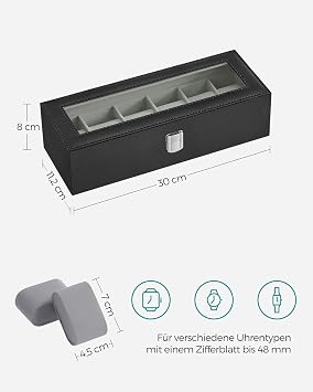 SONGMICS Watch Box with 6 Compartments Glass Lid Removable Watch Cushions