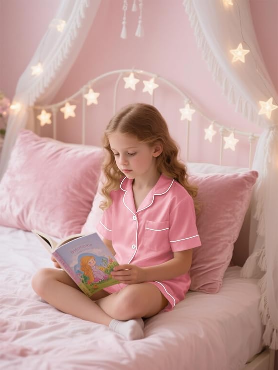 Girls Pajama Set Silk Pajamas Satin Pjs Short Sleeve Sleepwear