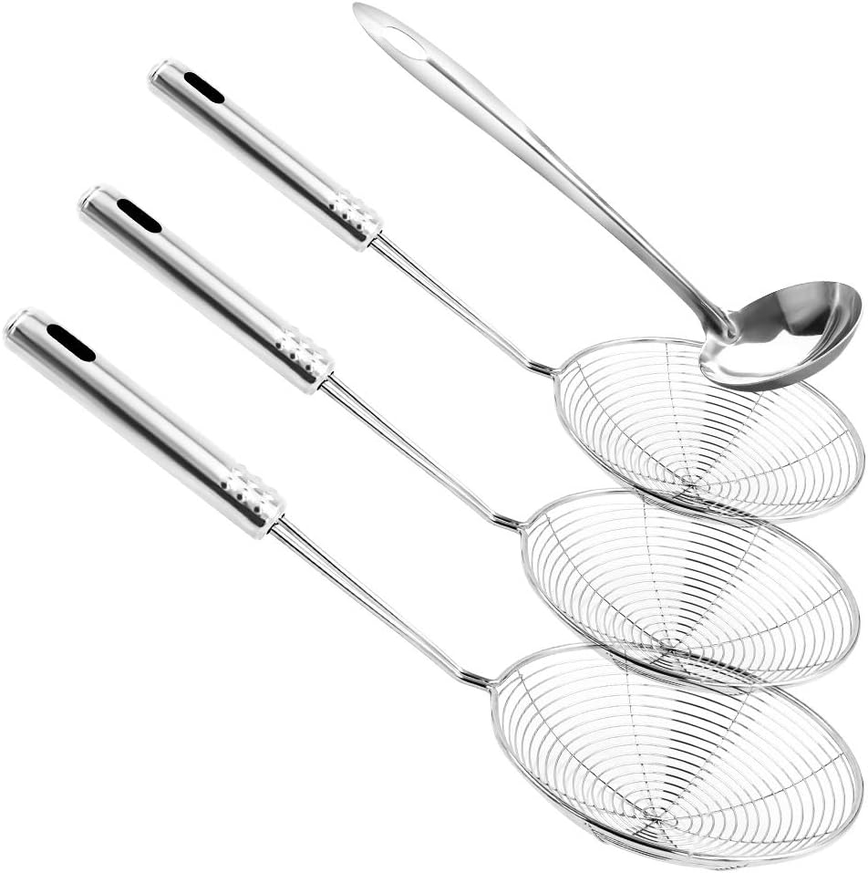 Skimmer Spoon, SKOCHE 4 Pack Stainless Steel Spider Strainer Skimmer Spoon, Donut Spoon, Skimmer Spoon for Kitchen Deep Fryer, Pasta, Spaghetti, Noodle (4 PACK)