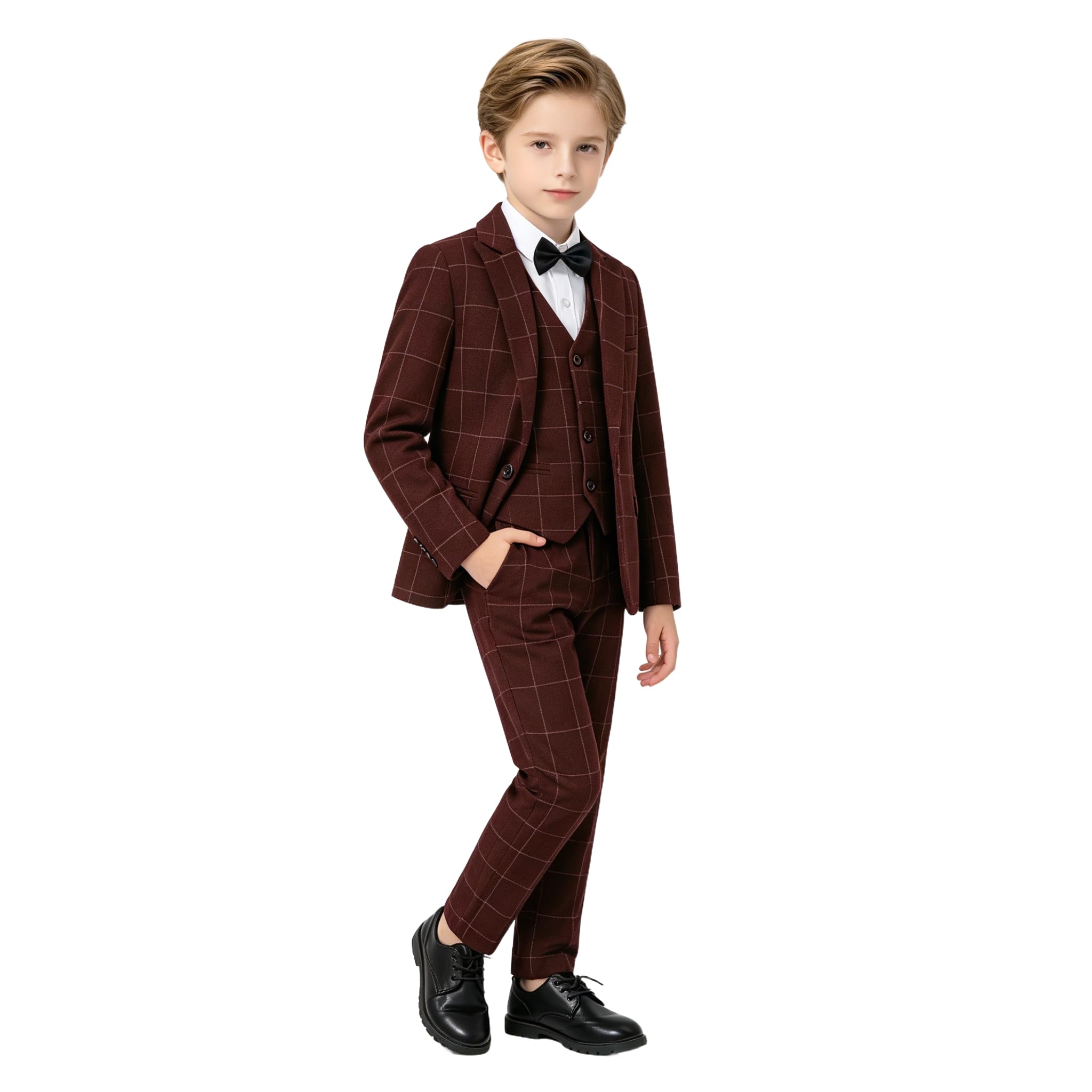 LOLANTA 5-teiliges Jungen Anzug Set, Karierter Festlicher Anzug für Hochzeit Geburtstag mit Blazer, Weste, Hose, Hemd und Fliege, 3-12 Jahre