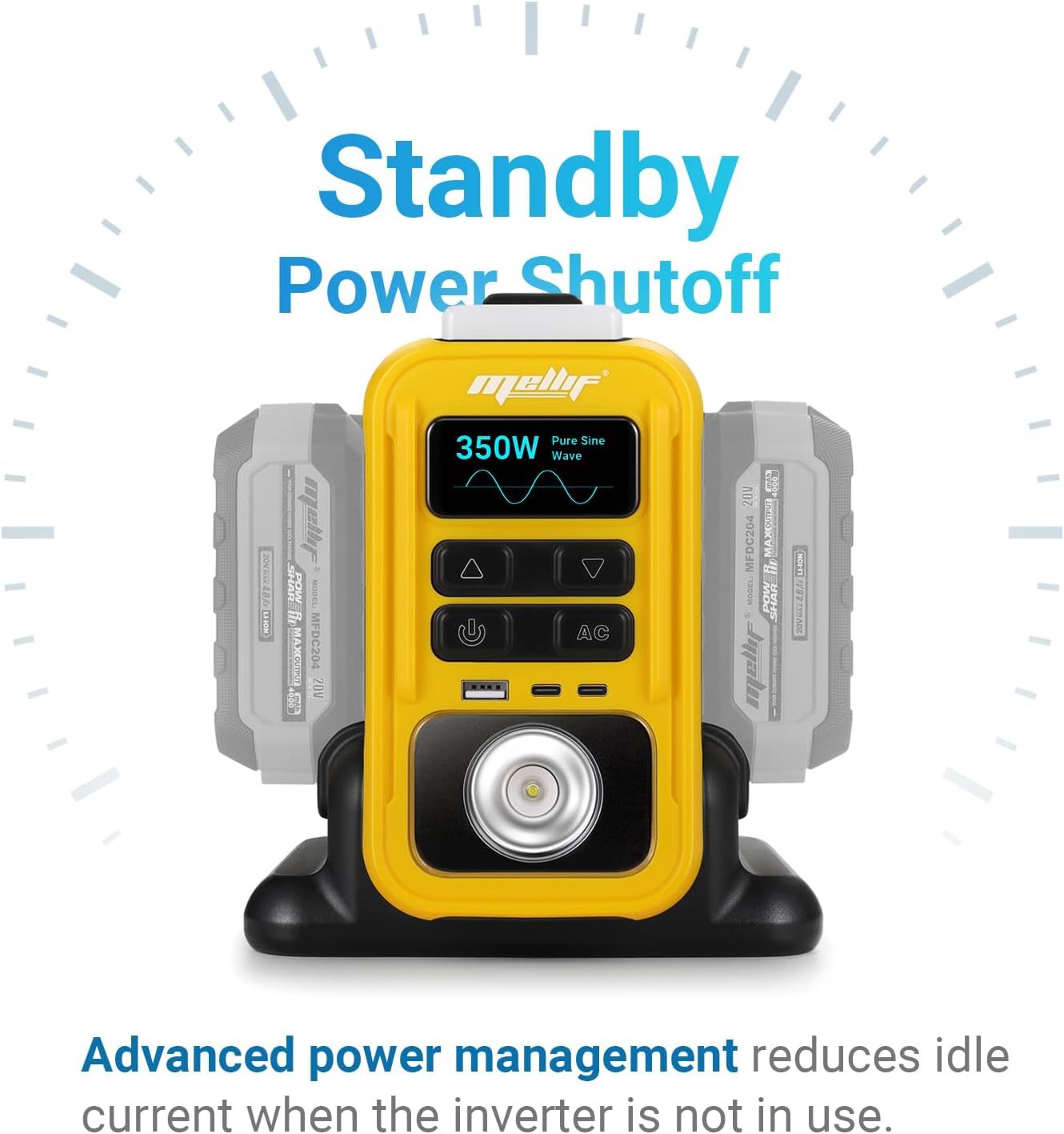 350W Power Inverter Pure Sine Wave Compatible with Dewalt 20V MAX Battery - Tool Only, Portable Battery Converter 20V to AC 110V, 2 USB-C & USB-A Ports, LCD Display, LED Light for Camping & Emergency