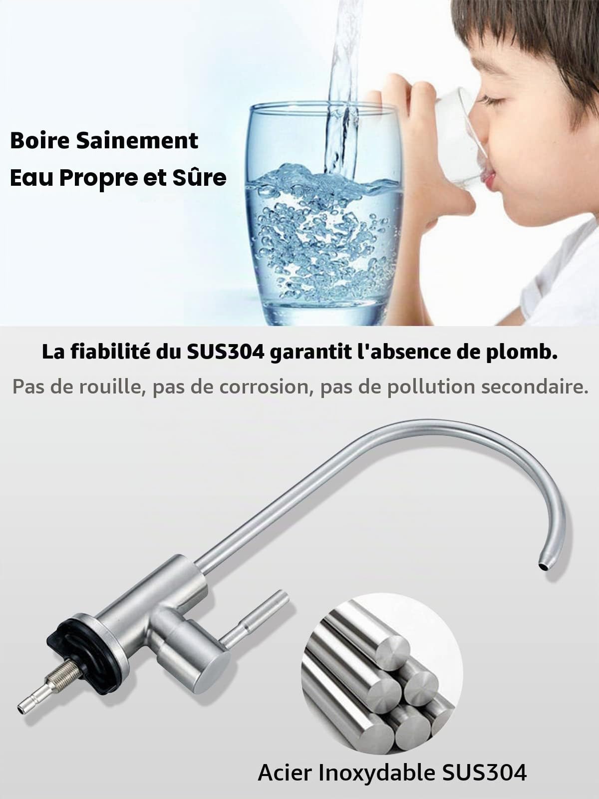 Robinet d'eau potable, facile à installer, robinet de filtre à eau pour évier, robinet à osmose inverse sans plomb pour évier de cuisine, bar, acier inoxydable SUS304 nickel brossé (taille L)
