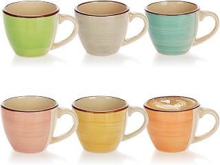 com-four® 6 tazas de cerámica para espresso de hasta 125 ml - tazas de moca de colores - tazas de café pequeñas hechas a mano para espresso, moca (06 piezas - verde/naranja/rosa/azul/amarillo/gris)
