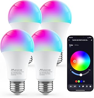Maxcio Smart LED Light Bulb Dimmable, RGBCW Color Changing Light Bulbs, Music Sync, Bluetooth Light Bulb with APP Control, A19 E26 9W 60W Equivalent, No Hub Required, 4 Pack(Not Support WiFi/Alexa)