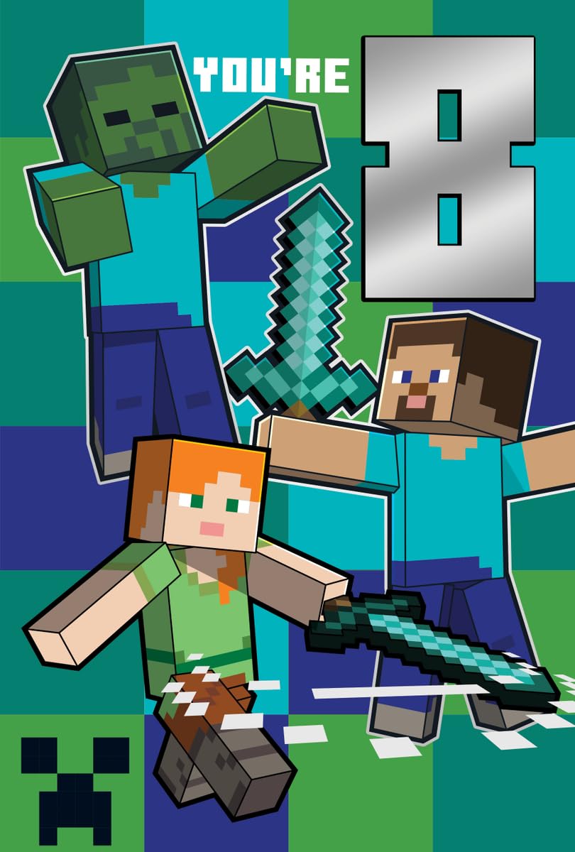 MINECRAFT BIRTHDAY CARD WITH STICKERS AGE 8, 8TH BIRTHDAY, GAMING CARD, FOR HIM, HER, BROTHER, SISTER, COUSIN