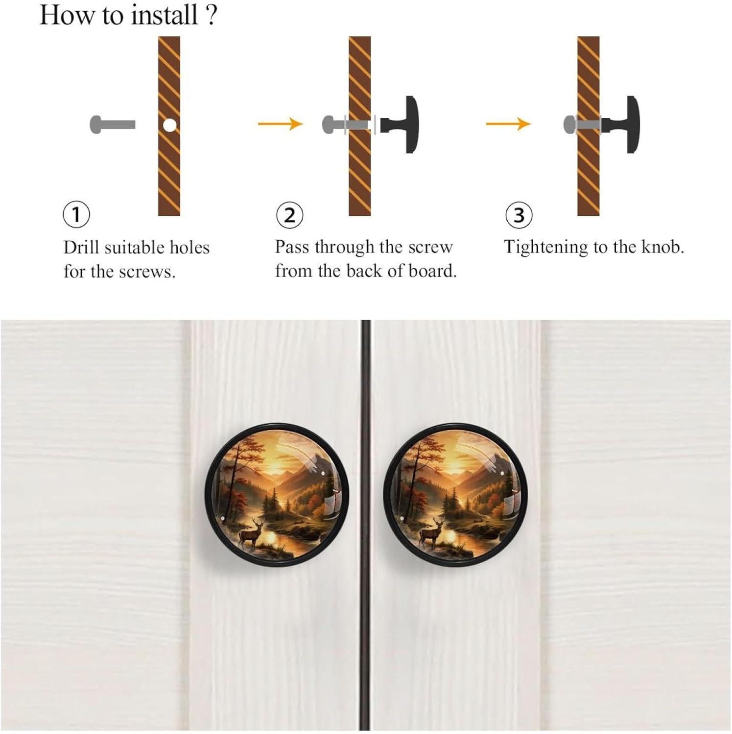 4 PCS Art Mountain Deer Cabinet Knobs, Bathroom Drawer Pulls Handles, Round Dresser Knobs Door Knobs for Kitchen Cupboard Nursery Wardrobes