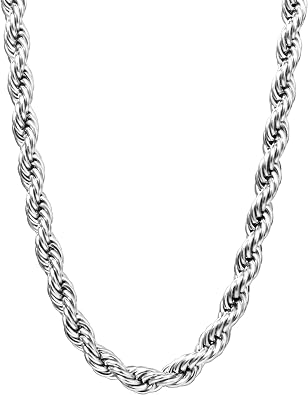 Silver Plated Rope Chain Necklace for Women, 4mm Dainty Silver Rope Link Chain Necklace 24 Inches