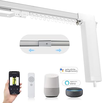 Smart Adjustable Curtains Rod System Electric Track with Remote Automated Retractable Rail Motorized Telescoping Length WiFi Motor compatible with Alexa/Google Home/APP 70" to 120"
