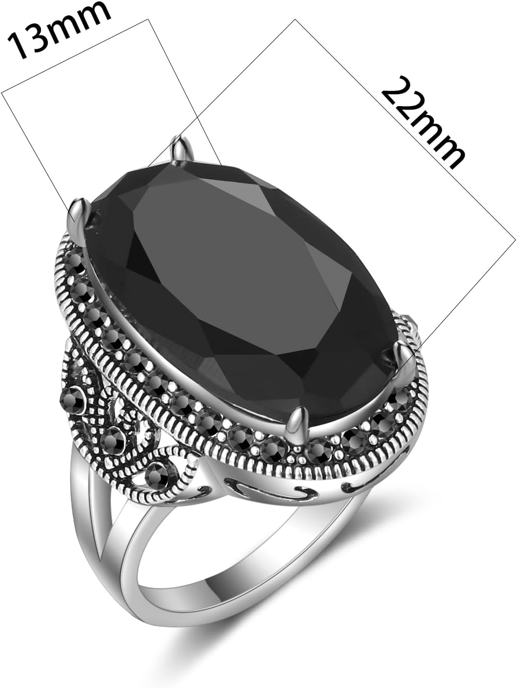 Mytys Retro Vintage Cocktail Statement Ring Black Marcasite & Crystal Rings for Women Antique Silver Big Black Onyx Stone Ring - Image 5