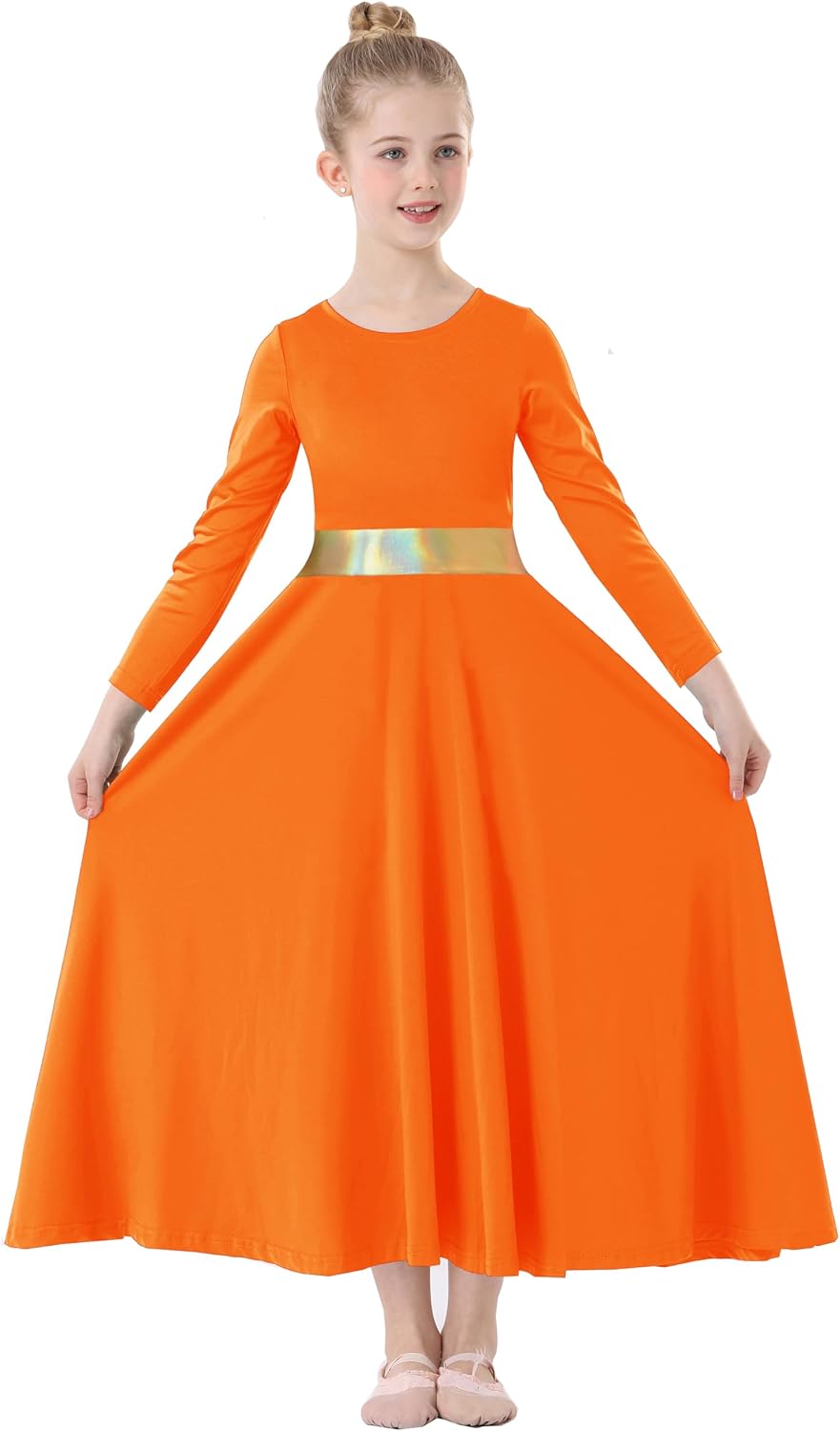 Girls Praise Dance Dress Metallic Gold Liturgical Worship Church Robe Full Length Swing Lyrical Costume