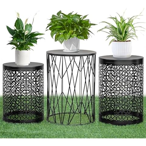 HFHOME Set of 3 Heavy-Duty Round End Table, Side Table, Coffee Table for Indoor Multifunctional Use, Outdoor Decorative Garden Stool Plant Stand-Black Cover
