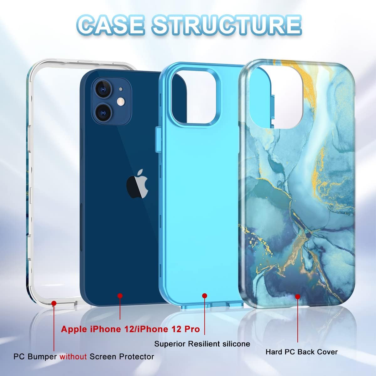 Btscase iPhone 12/12 Pro Case, Heavy Duty Three Layer Marble Shockproof Full Body Rugged Hard PC+Soft TPU Bumper Drop Protection Women Girls Cover, Blue - Image 2