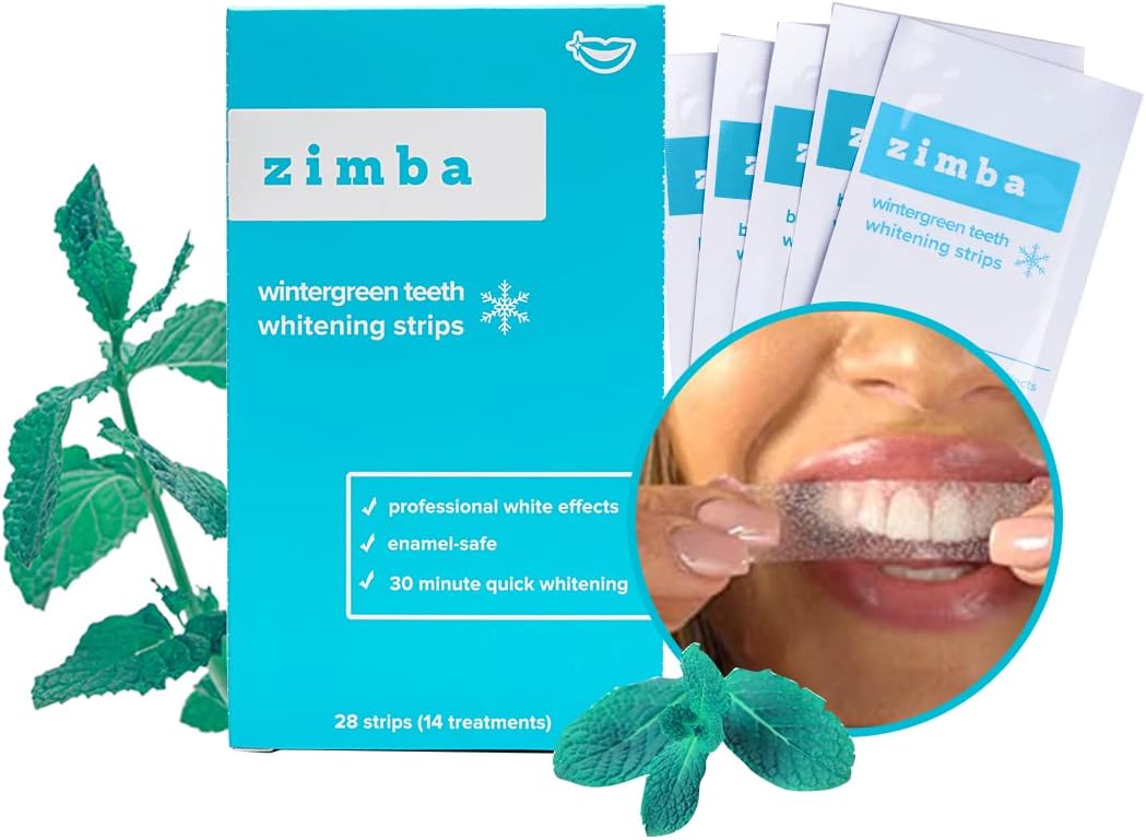 Zimba Teeth Whitening Strips Vegan Whitening Strip Enamel Safe Teeth Whitening Hydrogen Peroxide Teeth Whitener for Coffee, Wine, Tobacco, and Other Stains, 28 Strips (14 Day Treatment), Wintergreen