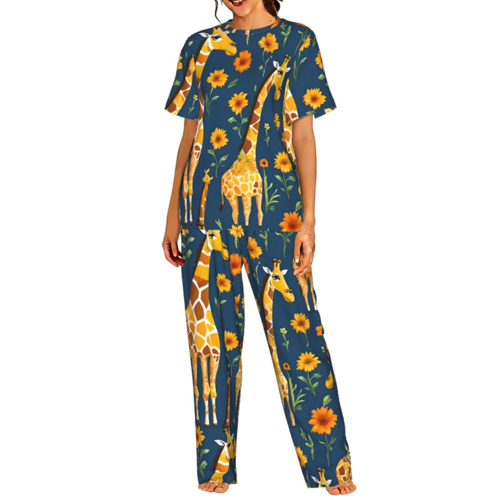 Duwaa Women's Black Giraffe Pattern Print Pyjamas For Soft Sleepwear Pjs Set, Short Sleeve Casual Pajamas Nightwear With Long Pants