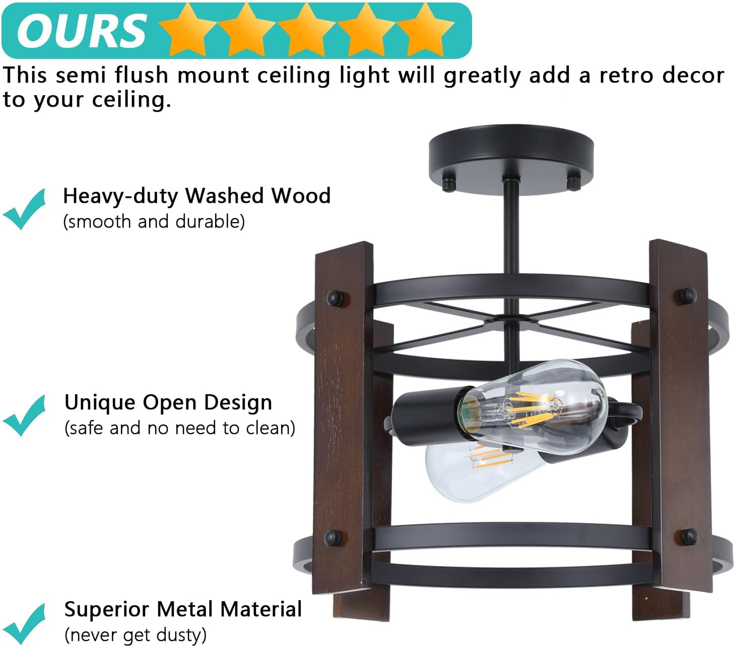 2-Light Rustic Semi Flush Mount Ceiling Light, Retro Wood Ceiling Light Fixture Black Metal, Industrial Farmhouse Ceiling Lamp for Living Room Entryway Bedroom Balcony Farmhouse Dining Room
