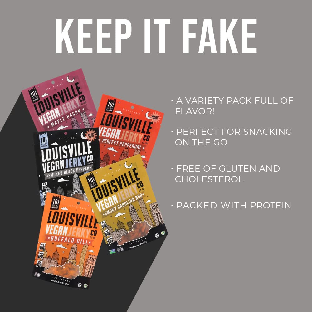 Louisville Vegan Jerky - Variety Pack, 15-21 Grams of Protein, Gluten-Free Ingredients, Includes 2 Black Pepper, 2 Perfect Pepperoni, 2 Maple Bacon, 2 Carolina BBQ, & 2 Buffalo Dill (3 oz, 10-Pack)