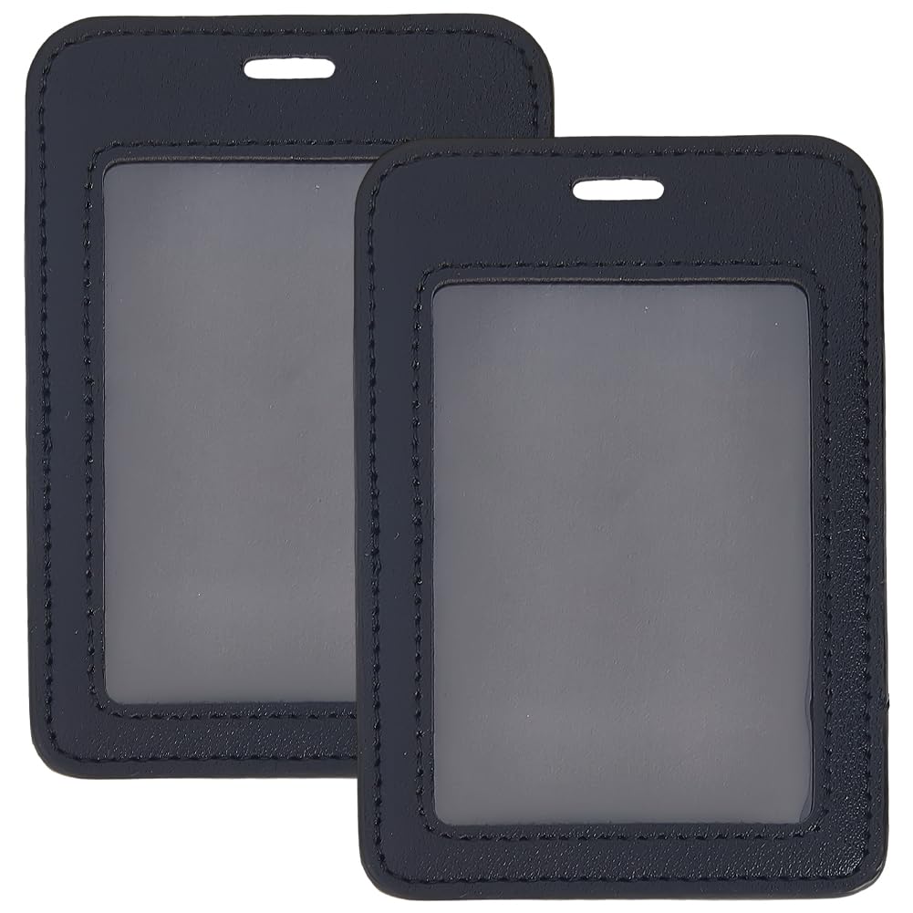 2PCS PU Leather Vertical Badge Holder Black Leather ID Card Case Waterproof Photocard Protector Sided Name Badge Pouch with Clear Window for Office Staff Students School Driver's Licenses