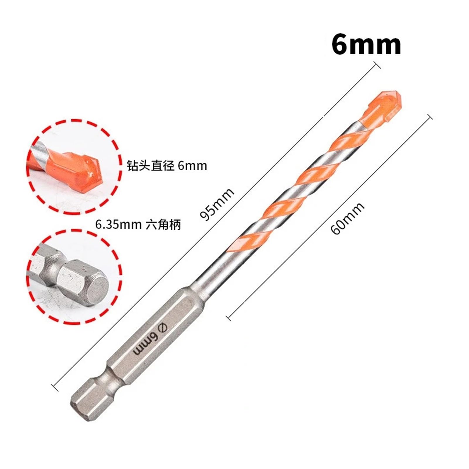 Broca de alta dureza, brocas perforación vástago plano doble filo, giro cerámica completo for agujeros, paredes ladrillo, 1 Uds Apto para madera y metal(6mm)