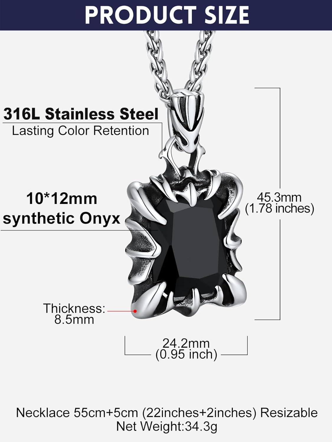 Bandmax Gothic Stone Pendant Necklaces for Men Women Stainless Steel Dragon Claw Ruby/Blue Topaz/Emerald/Black Onyx Gemstone Pendant Goth Punk Designer Necklace Halloween Jewelry - Image 7