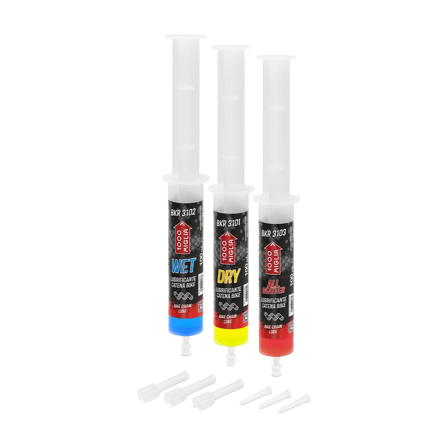 1000 Miglia Zestaw Smarów do Łańcucha Rowerowego - 3x100 ml (300 ml), Strzykawki po 100 ml, 1 DRY + 1 WET + 1 ALL WEATHER + aplikatory Drop i Huggie System, Formuła Fluorescencyjna i Zapachowa