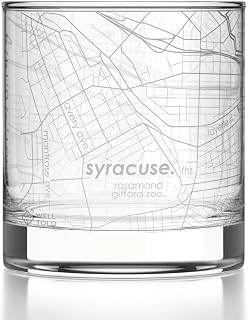 Well Told Engraved Syracuse New York Map Rocks Glass, Old Fashioned Glassware (11 oz, Clear) Etched Bourbon Tumbler, Gifts For Whiskey Lovers