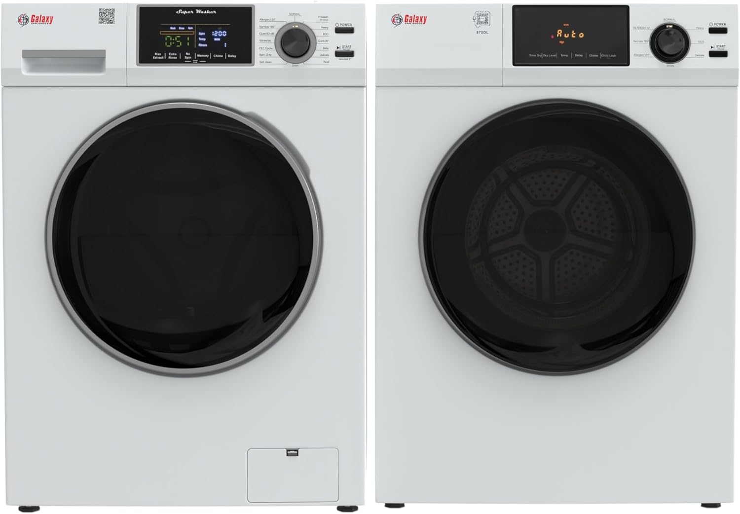 Galaxy 1.9 cu.ft Washer + 4 cu.ft Dryer with Direct Line Plug, Compact Laundry Pair, 110V, Pet Cycle, Quiet