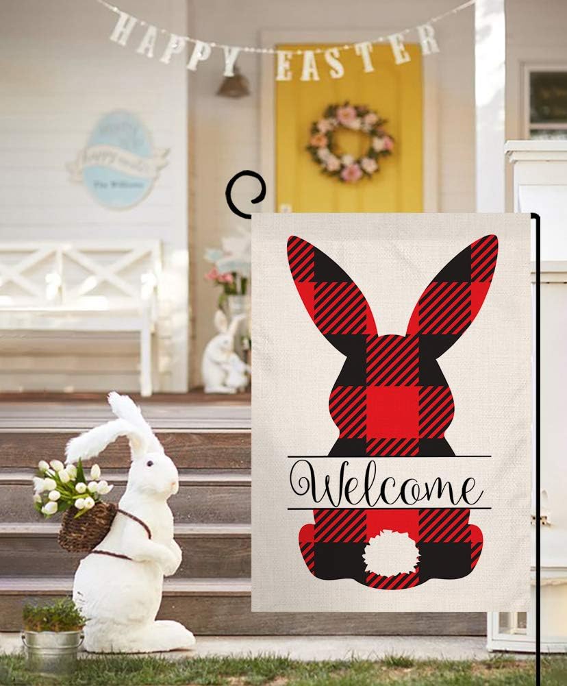 Welcome Easter Bunny Spring Small Garden Flag Farmhouse Vertical Double Sided Burlap Yard Outdoor Decor Red 12.5 x 18 Inches (120705)