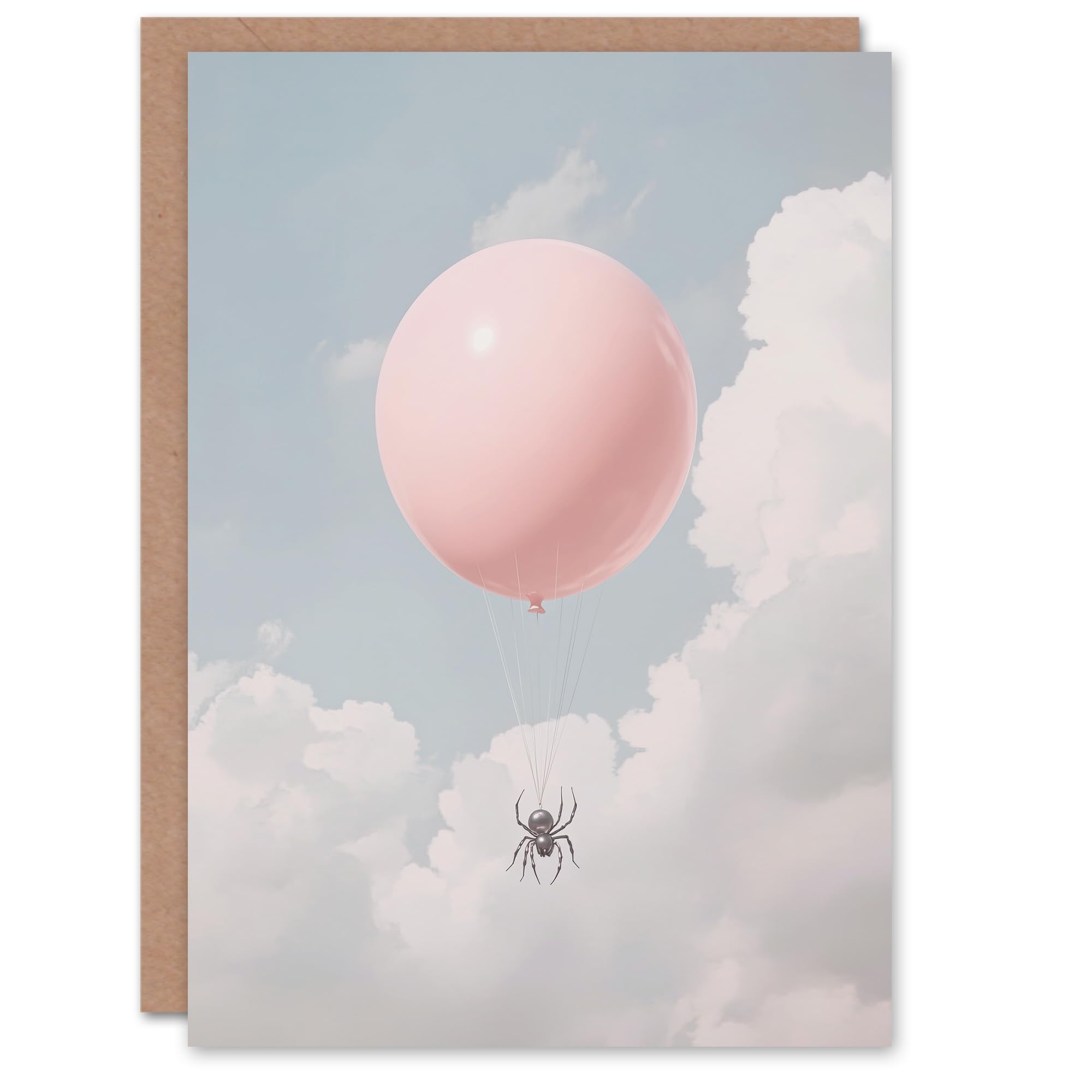 Artery8 Greeting Card Spider Travel Floating in Sky with a Pink Balloon Blank For Him Or Her Art Farewell Card
