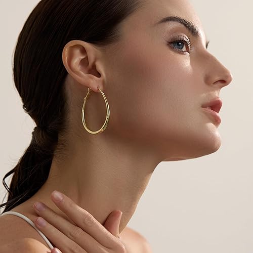 Miniatura 7 de Pendientes de aro ovalado ligeros para mujer - chapados en oro de 14 quilates, chapados en oro rosa y plata de ley, aretes de aro oblongo grandes