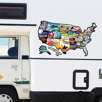 Car RV State Travel USA Map Sticker Decal, Waterproof Vinyl Camper Trailer America Road Trip Sticker, Fun Auto Exterior Decoration Accessory for Window, Door, Wall Colorful