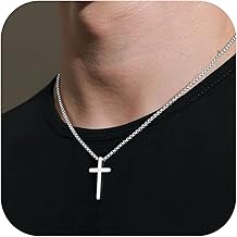 TINGN Cross Necklace for Men Silver Stainless Steel Plain Cross Pendant Necklace for Men Simple Jewelry Box Chain 16-24 Inch Baptism Gift Christmas Gifts Stocking Stuffers for Teen Boy Men