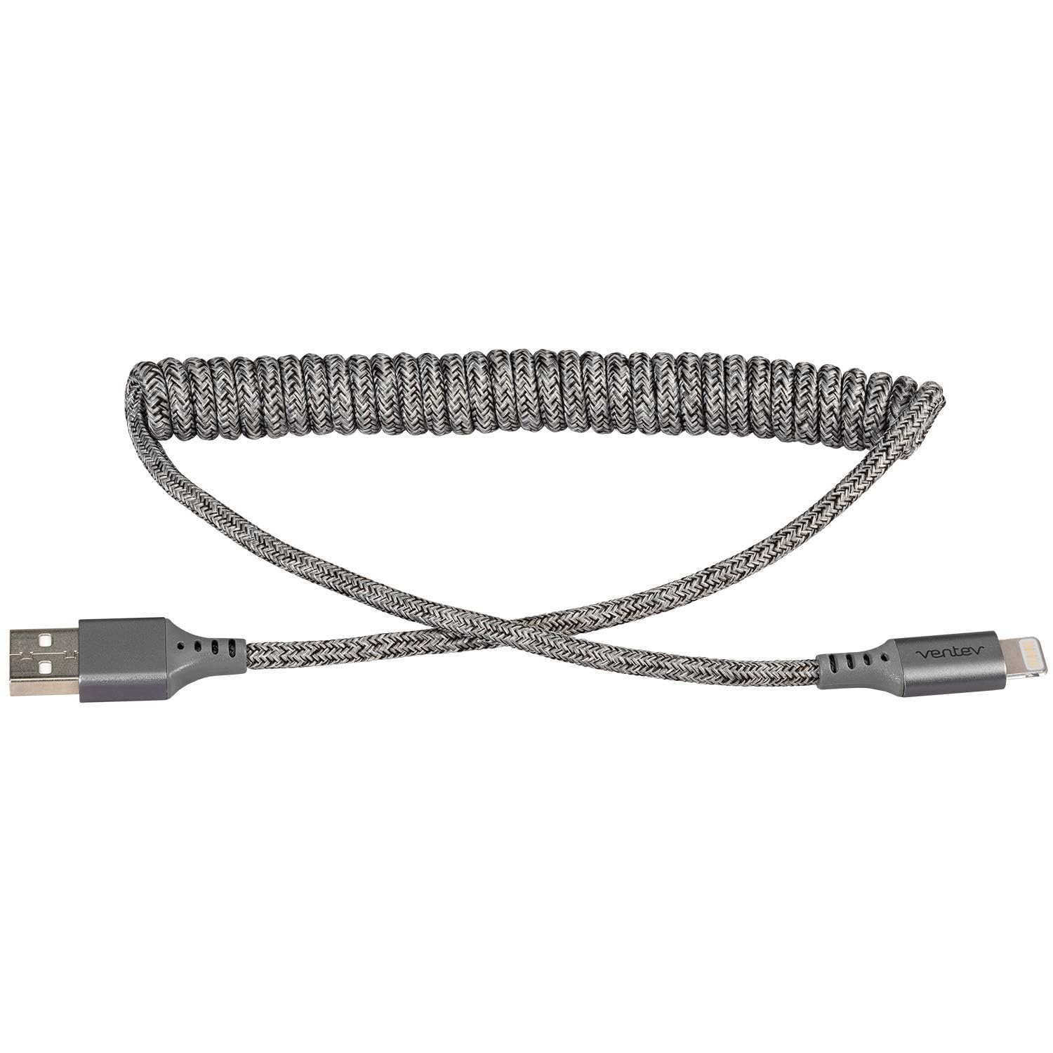 Ventev Chargesync Helix Cable, 14 Inches (Expandable), Cloth Covered, Braided Cable, Flexible and Elastic Recoil Design, Keeps Car Tidy and Organized, Provides Fast Charging Rates (Lightning (Apple))