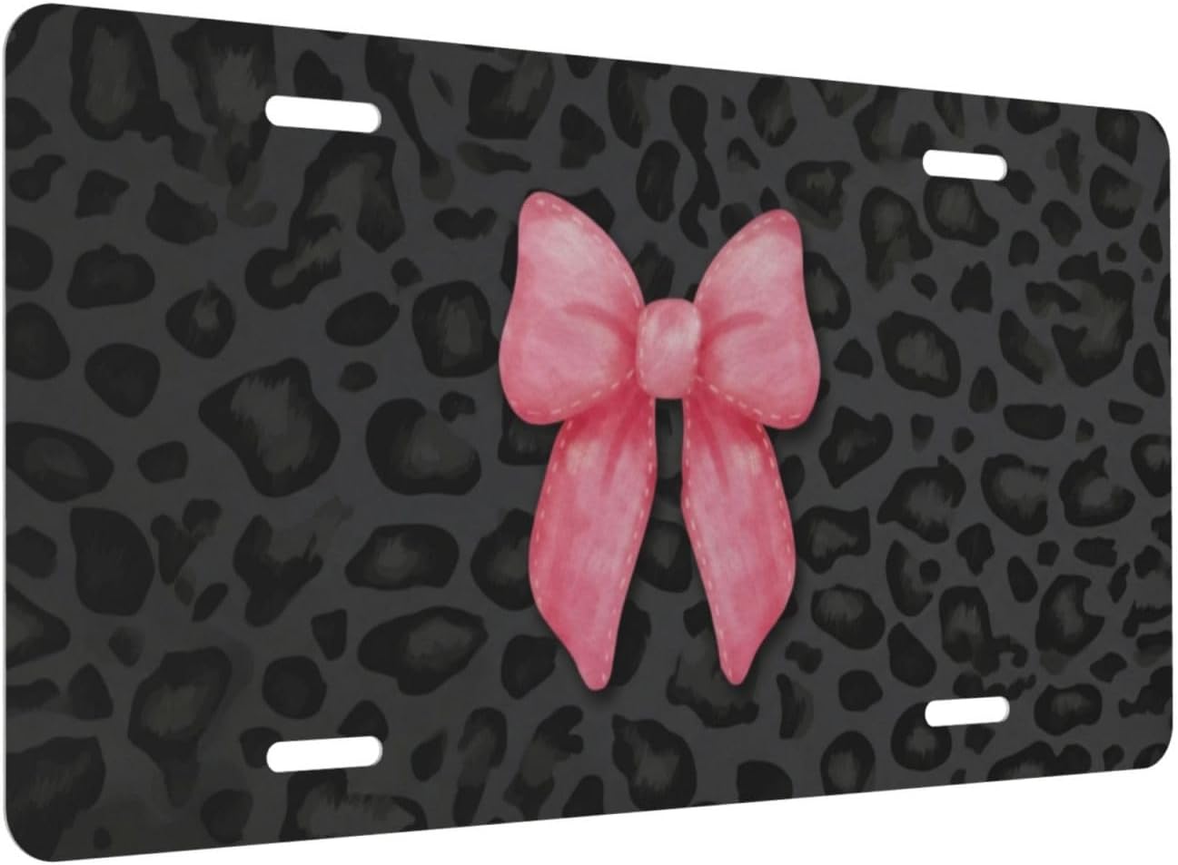 Pink Bow Watercolor Leopard Print License Plate Aluminum Decorative Car Front Metal Vanity Tag Universal Fit Waterproof Colorfast 6x12 Inch