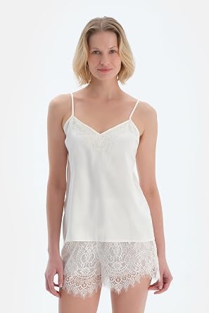 Dagi Kad n Dantel Detayl  Saten Bride Camisole Dokuma K r k Beyaz